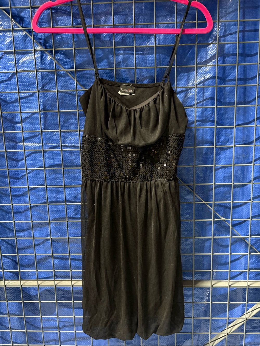 Black Sequin Waist Spaghetti-Strap mini Dress